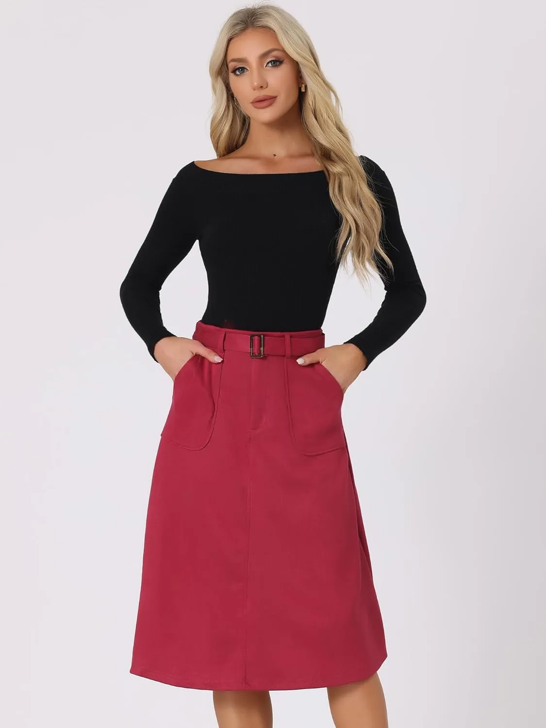 Allegra K Women's Casual Faux Suede Pockets Stretch A-line Midi Skirt with Belt