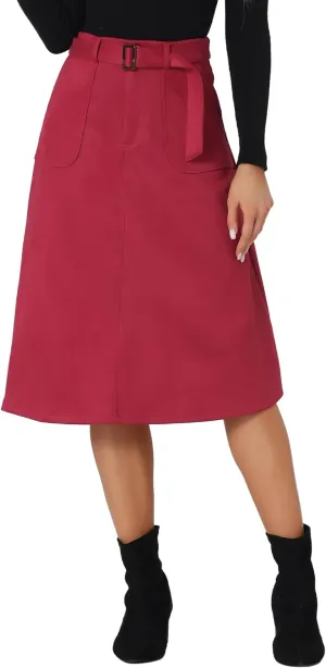 Allegra K Women's Casual Faux Suede Pockets Stretch A-line Midi Skirt with Belt