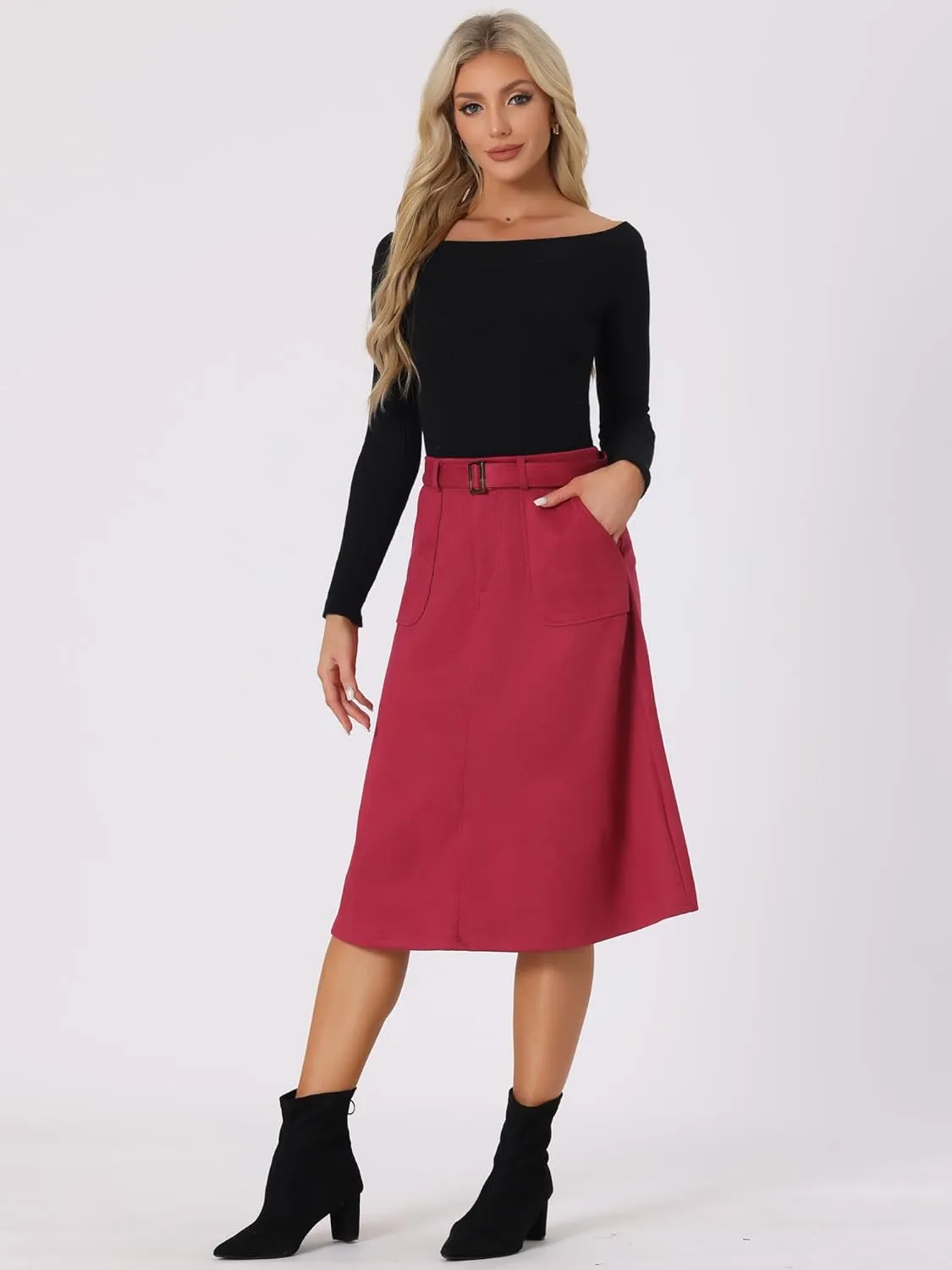 Allegra K Women's Casual Faux Suede Pockets Stretch A-line Midi Skirt with Belt