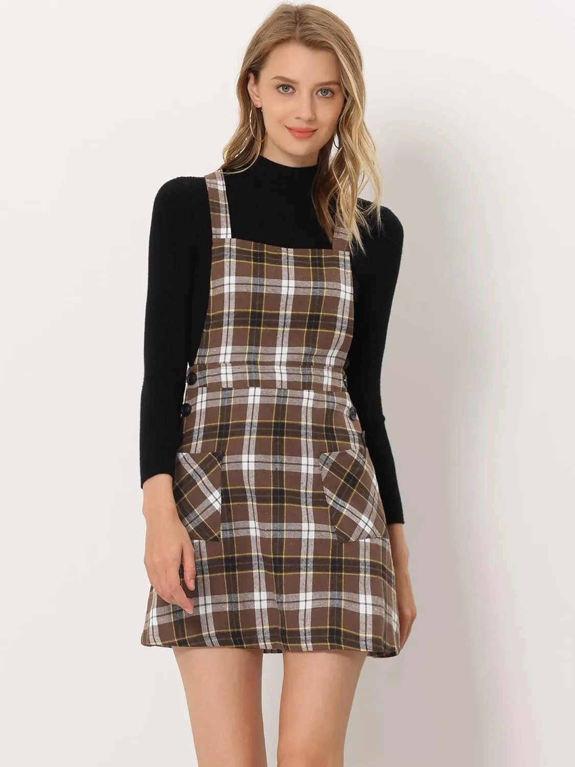 Allegra K Women's Christmas Plaid Tartan Skirt Button Decor A-Line Pinafore Overall Dress