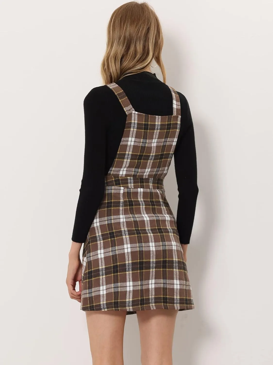 Allegra K Women's Christmas Plaid Tartan Skirt Button Decor A-Line Pinafore Overall Dress