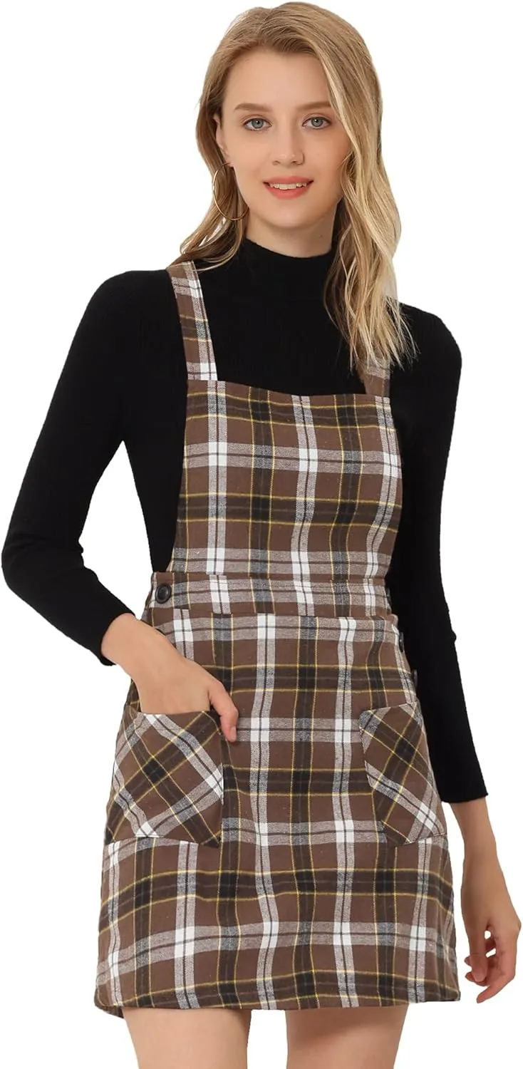 Allegra K Women's Christmas Plaid Tartan Skirt Button Decor A-Line Pinafore Overall Dress