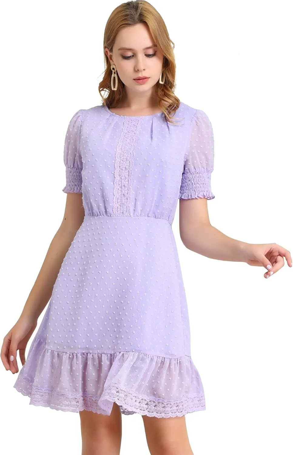 Allegra K Women's Elegant Short Sheer Sleeve Ruffle Hem Swiss Dots Chiffon Dress