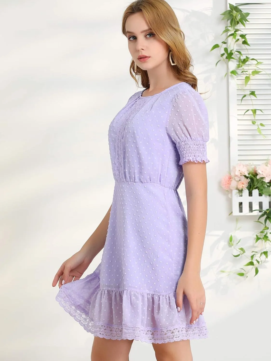 Allegra K Women's Elegant Short Sheer Sleeve Ruffle Hem Swiss Dots Chiffon Dress