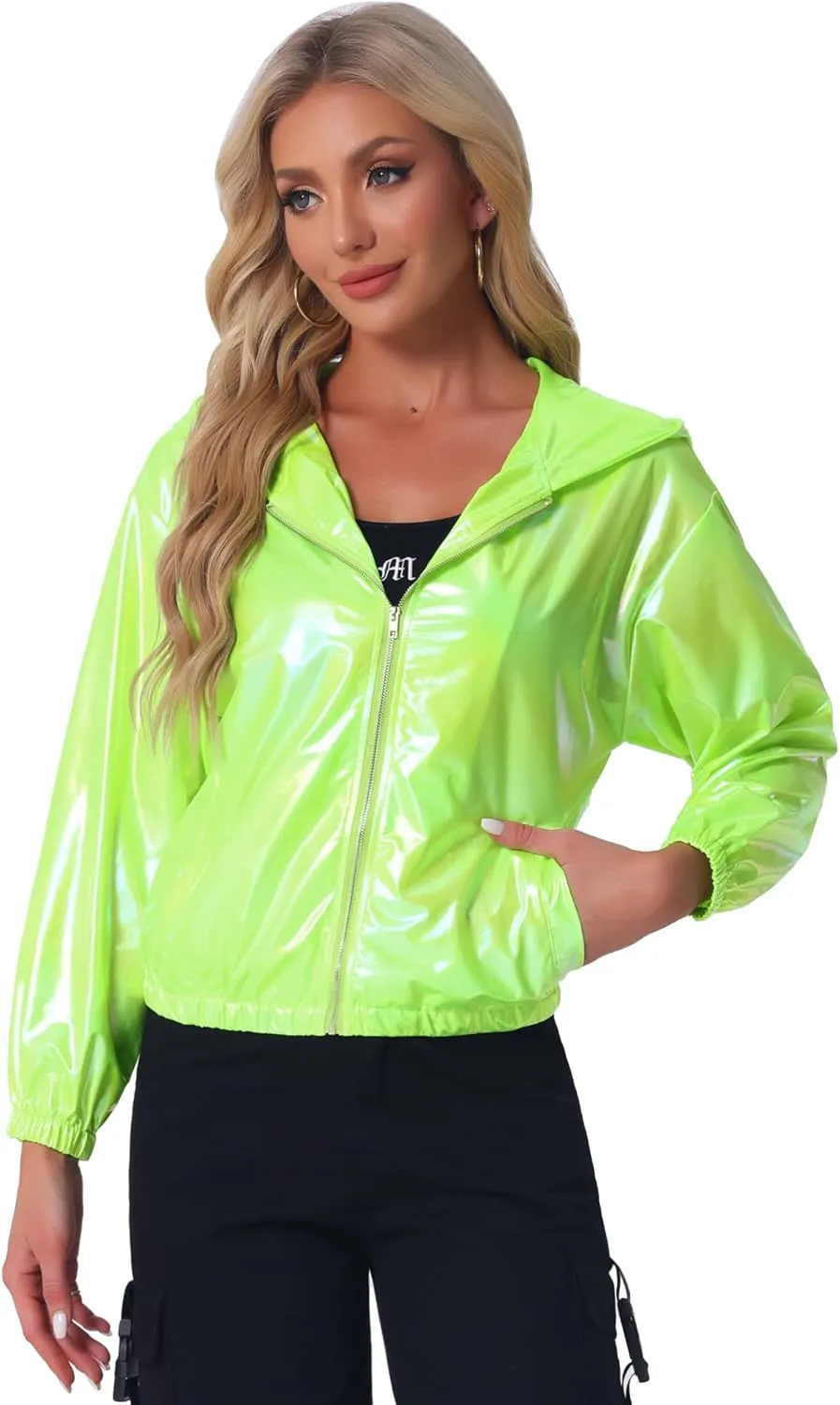 Allegra K Women's Holographic Party Shimmering Shiny Lightweight Zipper Hooded Metallic Jacket