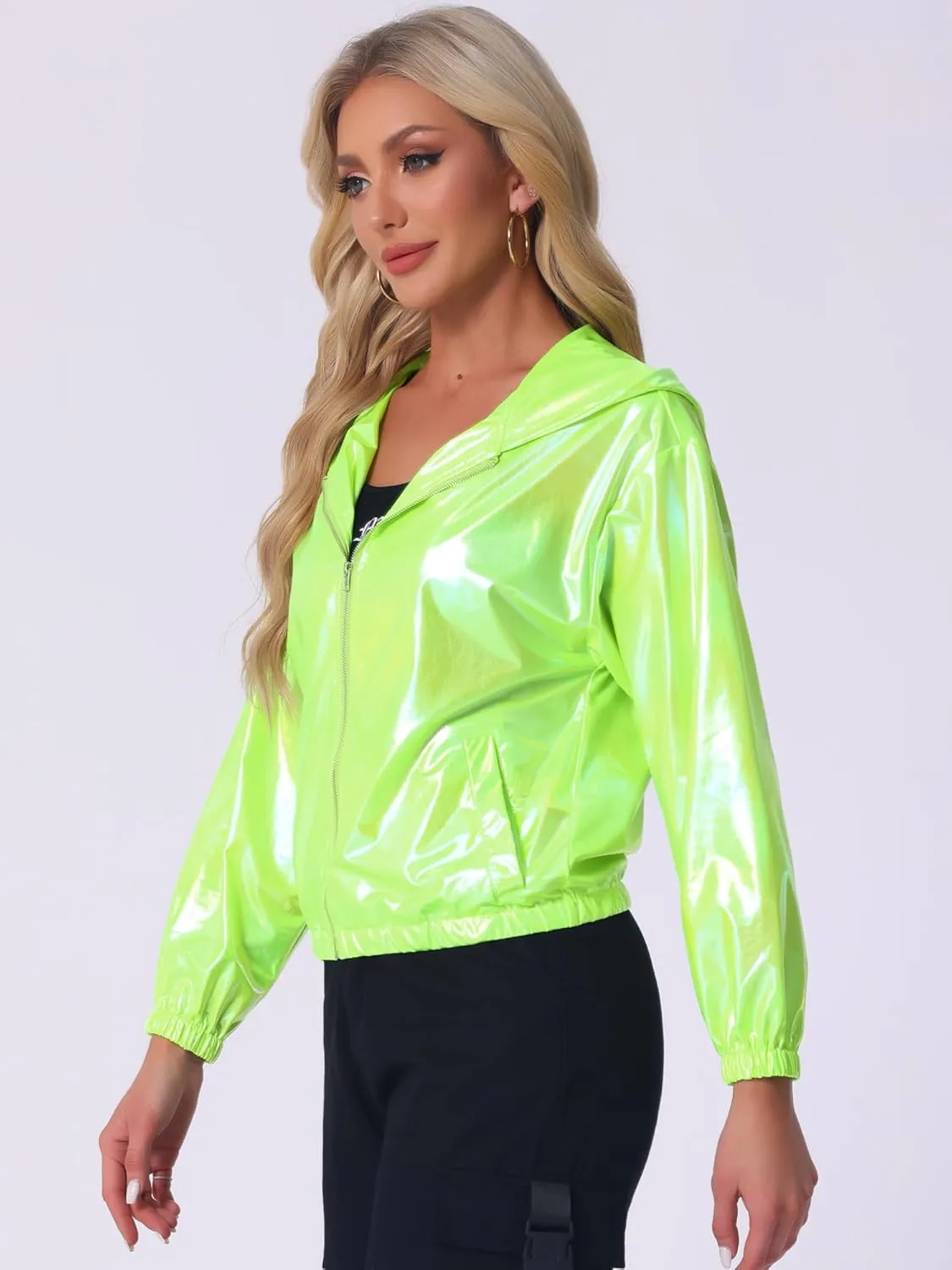Allegra K Women's Holographic Party Shimmering Shiny Lightweight Zipper Hooded Metallic Jacket