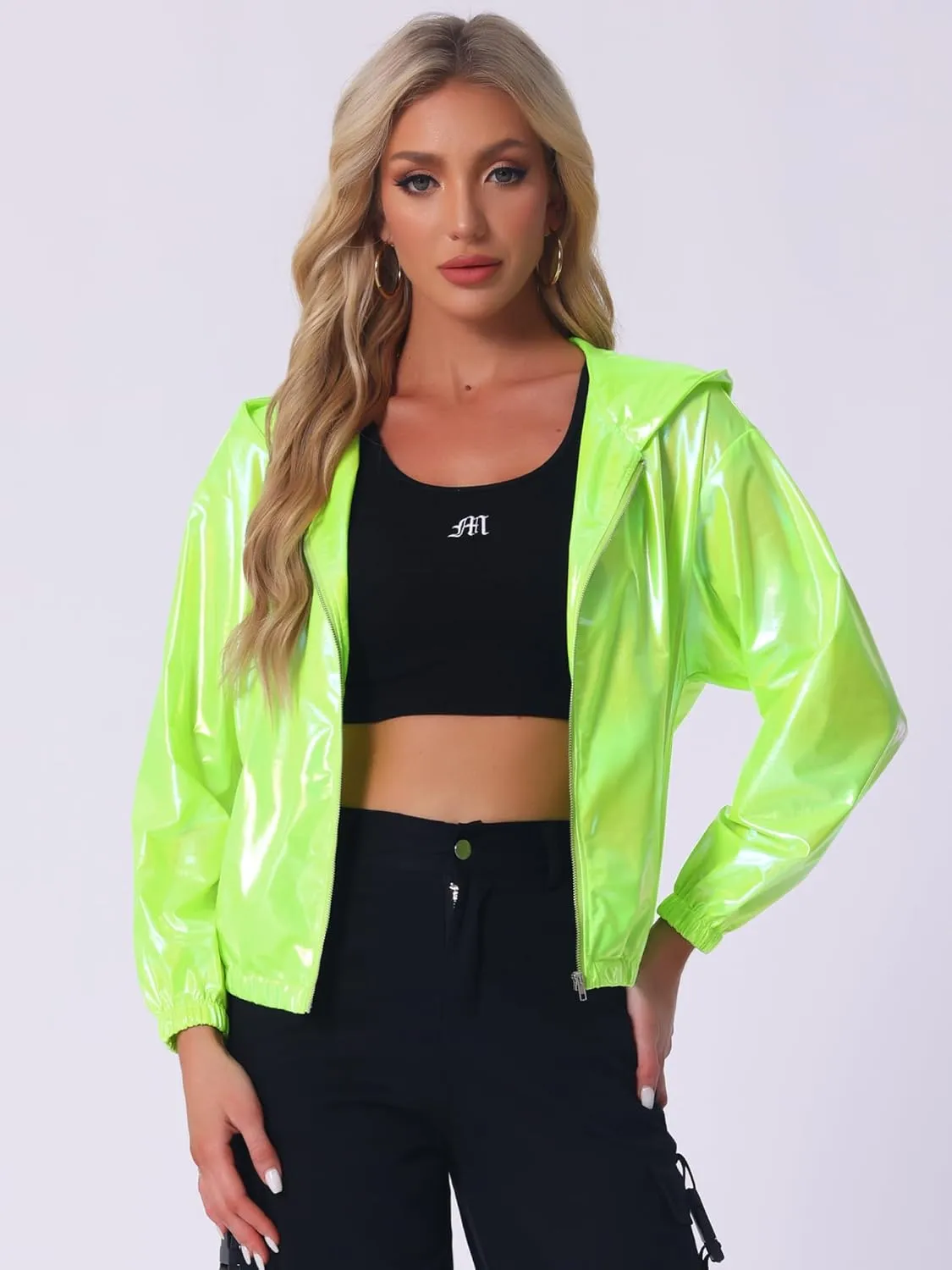 Allegra K Women's Holographic Party Shimmering Shiny Lightweight Zipper Hooded Metallic Jacket
