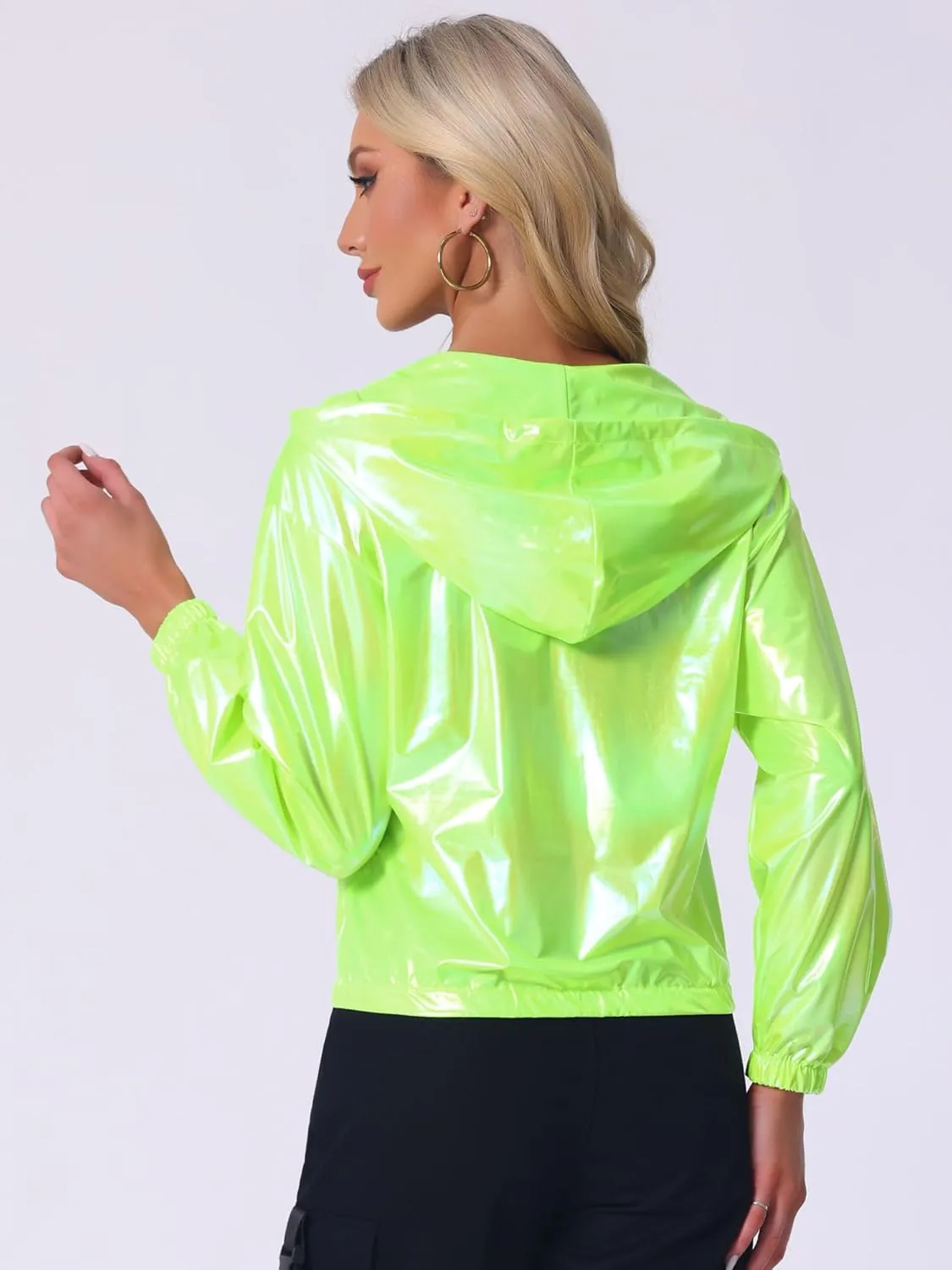 Allegra K Women's Holographic Party Shimmering Shiny Lightweight Zipper Hooded Metallic Jacket