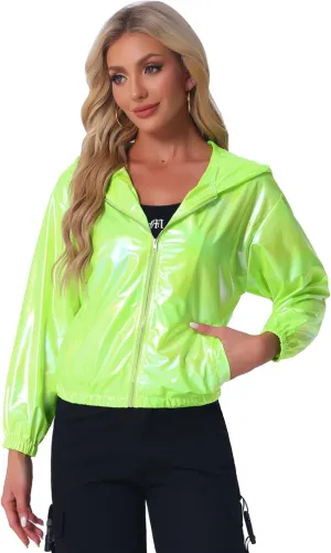 Allegra K Women's Holographic Party Shimmering Shiny Lightweight Zipper Hooded Metallic Jacket