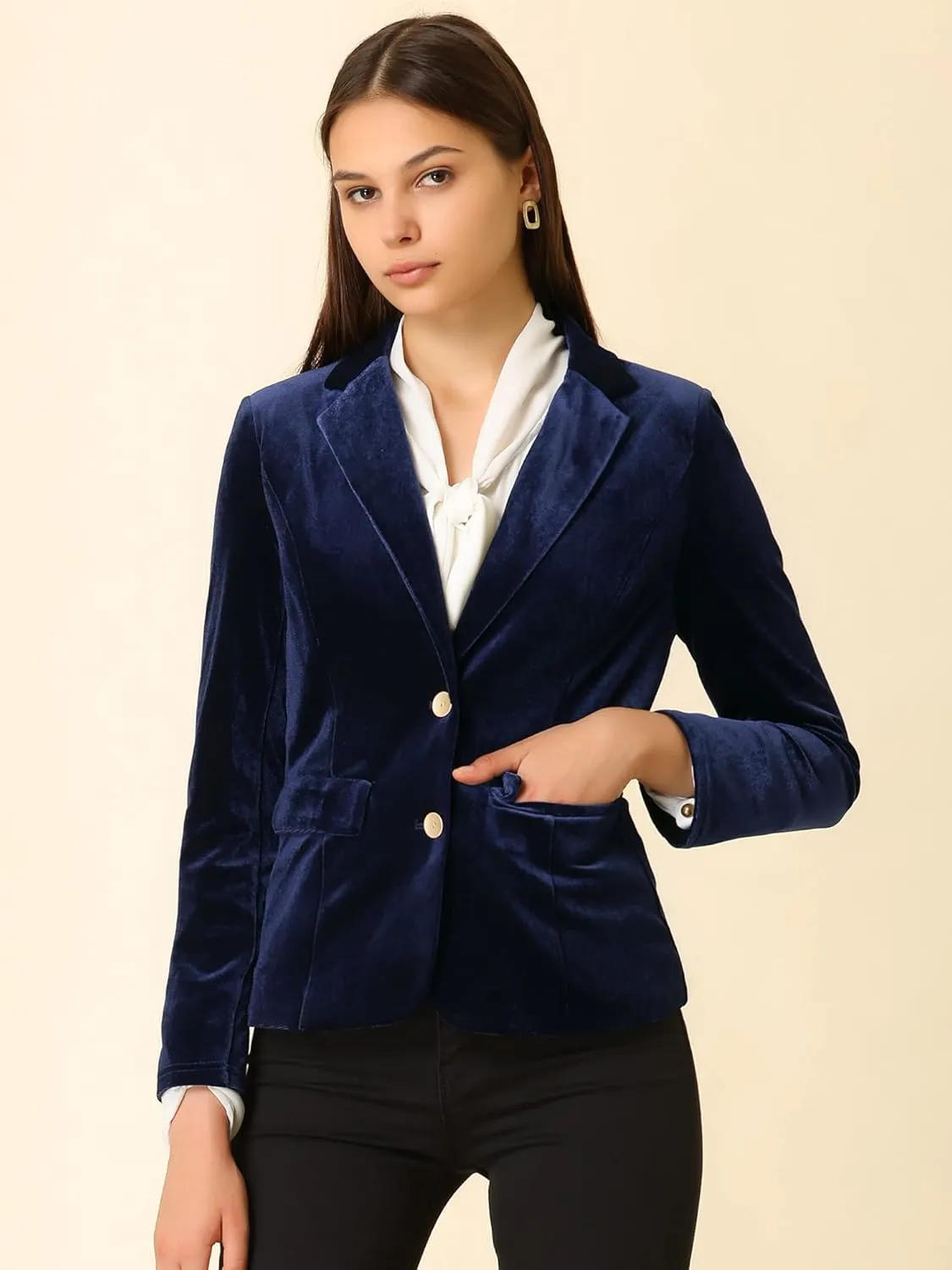 Allegra K Women's Notched Lapel Vintage Office Button Front Velvet Blazer