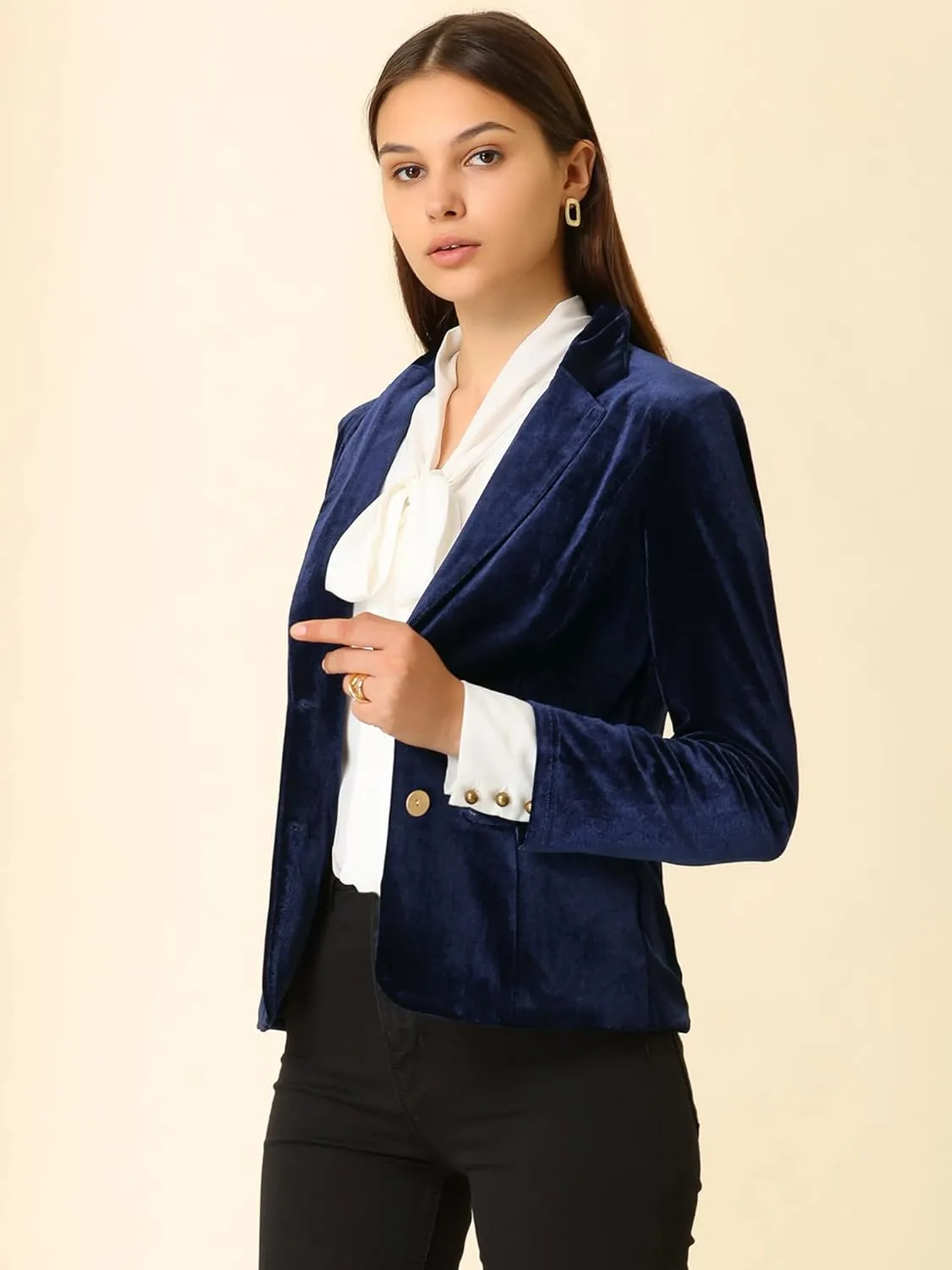 Allegra K Women's Notched Lapel Vintage Office Button Front Velvet Blazer