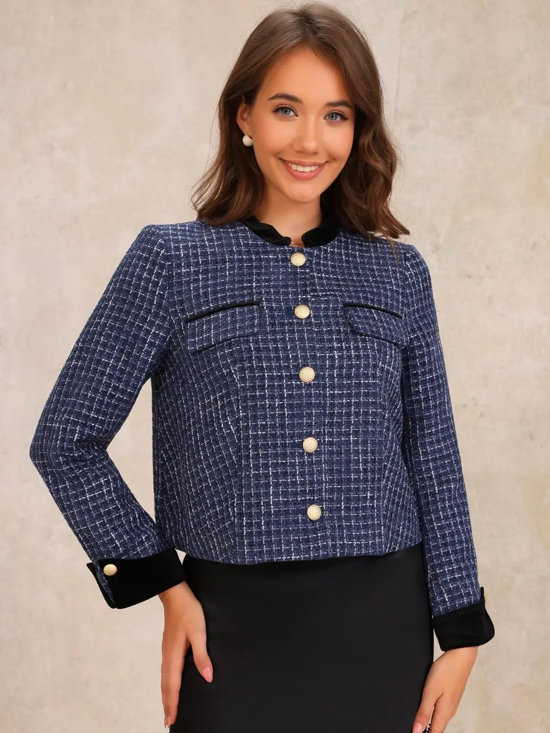 Allegra K Women's Tweed Blazer Vintage Button Winter Fall Work Office Short Jacket Coat