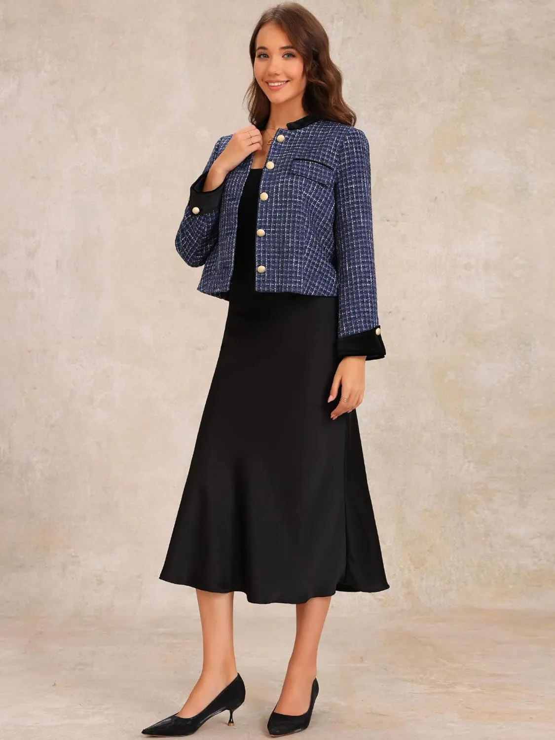 Allegra K Women's Tweed Blazer Vintage Button Winter Fall Work Office Short Jacket Coat