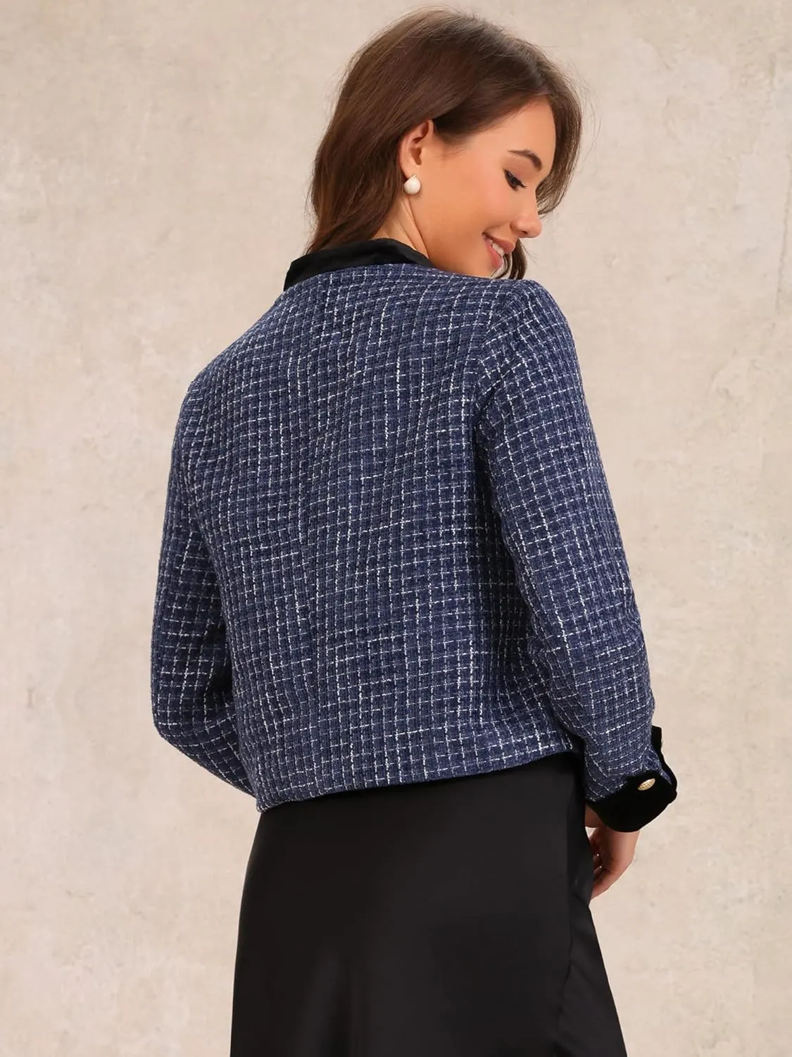 Allegra K Women's Tweed Blazer Vintage Button Winter Fall Work Office Short Jacket Coat