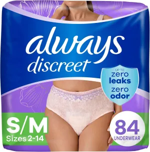 Always Discreet Adult Incontinence Underwear for Women and Postpartum Underwear, S/M, Up to 100% Bladder Leak Protection, 84 Count (Packaging May Vary)
