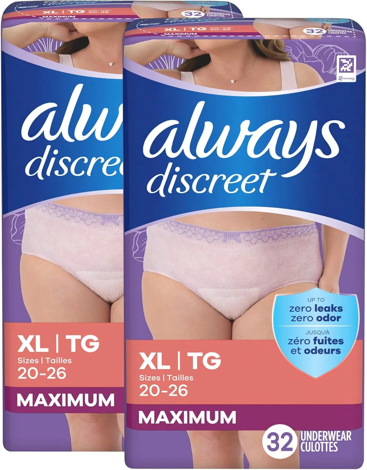 Always Discreet Adult Incontinence Underwear for Women and Postpartum Underwear, XL, Up to 100% Bladder Leak Protection, 64 Count (Packaging May Vary)