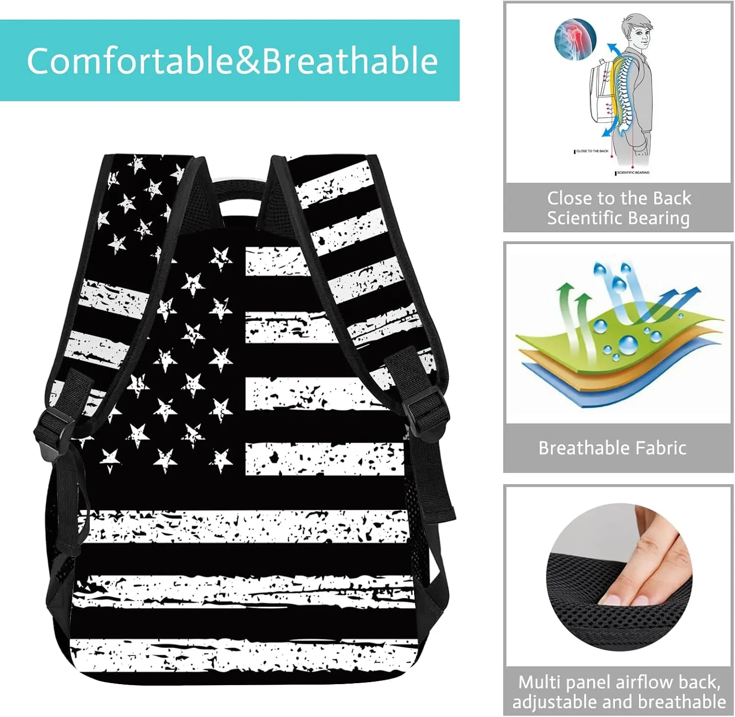 American Flag Backpack Old School Black and White Flag Backpack for Kids, Patriotic USA School Bag for Boys Girls, Elementary Middle High School Bags Travel Backpack,16.5 Inch