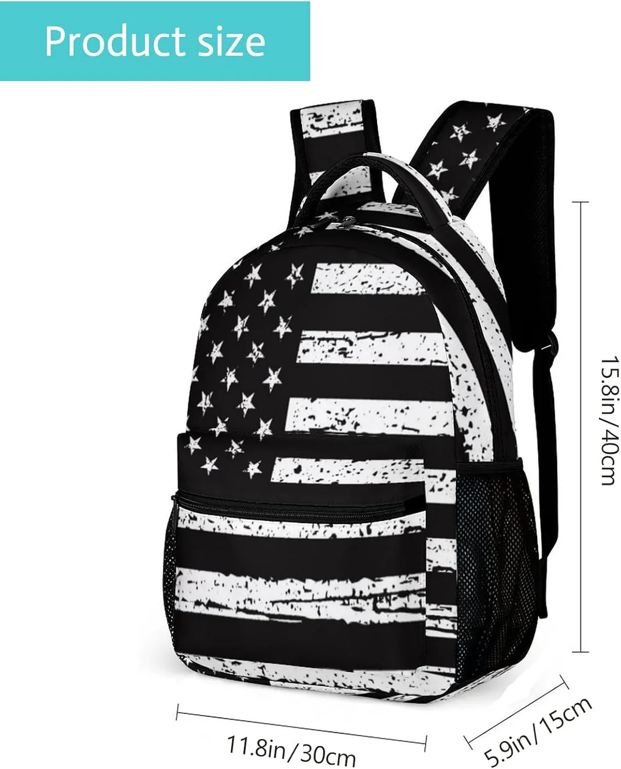 American Flag Backpack Old School Black and White Flag Backpack for Kids, Patriotic USA School Bag for Boys Girls, Elementary Middle High School Bags Travel Backpack,16.5 Inch