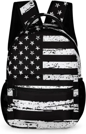 American Flag Backpack Old School Black and White Flag Backpack for Kids, Patriotic USA School Bag for Boys Girls, Elementary Middle High School Bags Travel Backpack,16.5 Inch