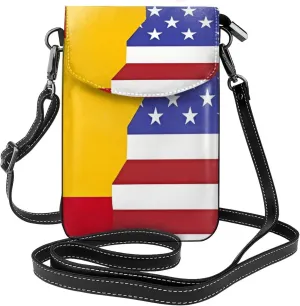 American Spain Flag Crossbody Bag, Leather Crossbody Flap Mobile Phone Bag.* Fashion Tassel Wallet Designed For Women.