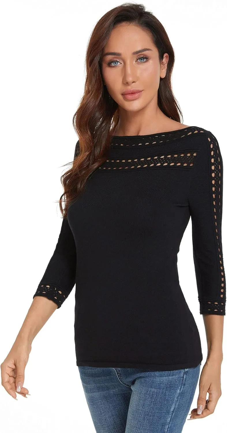 AmélieBoutik Women Boatneck Eyelet Trim 3/4 Sleeve Knit Top Sweater