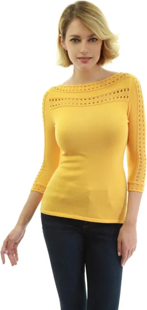 AmélieBoutik Women Boatneck Eyelet Trim 3/4 Sleeve Knit Top Sweater