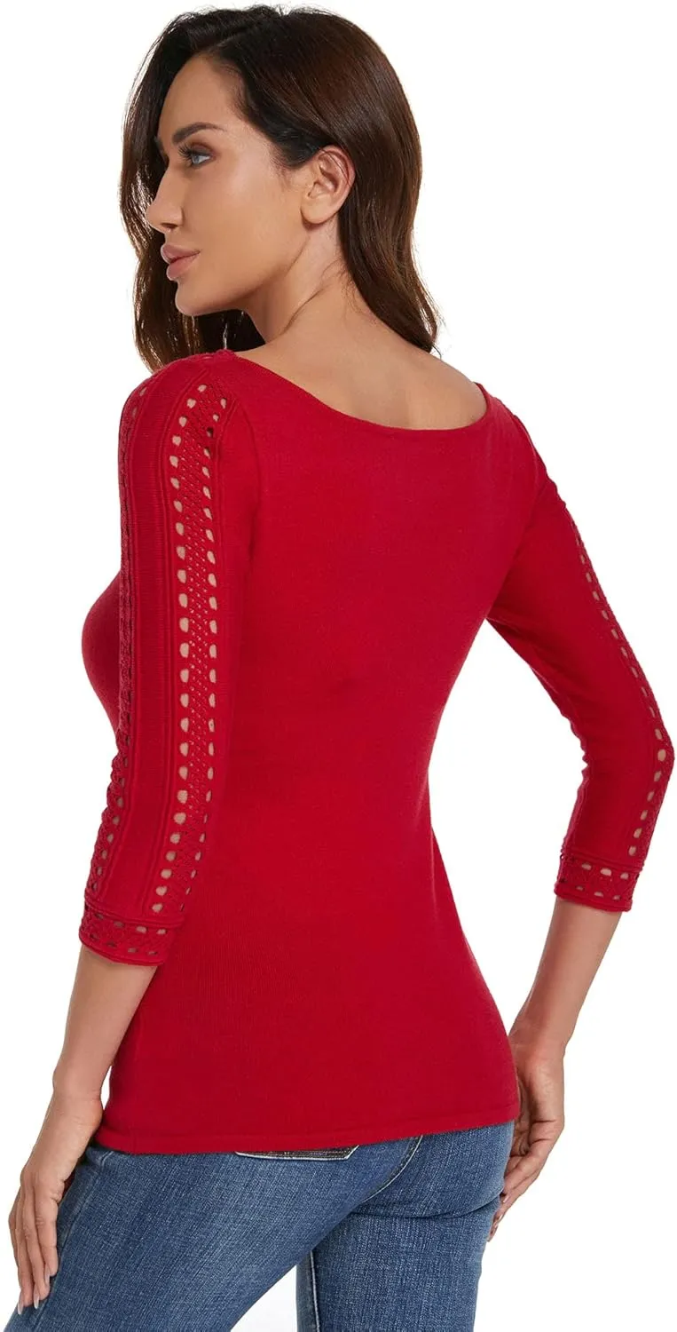 AmélieBoutik Women Boatneck Eyelet Trim 3/4 Sleeve Knit Top Sweater