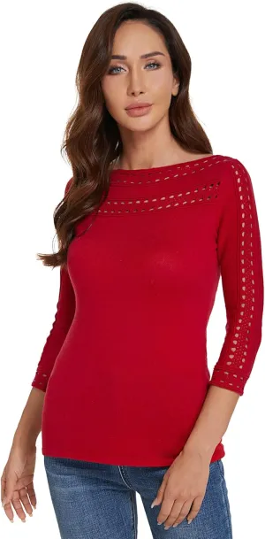 AmélieBoutik Women Boatneck Eyelet Trim 3/4 Sleeve Knit Top Sweater