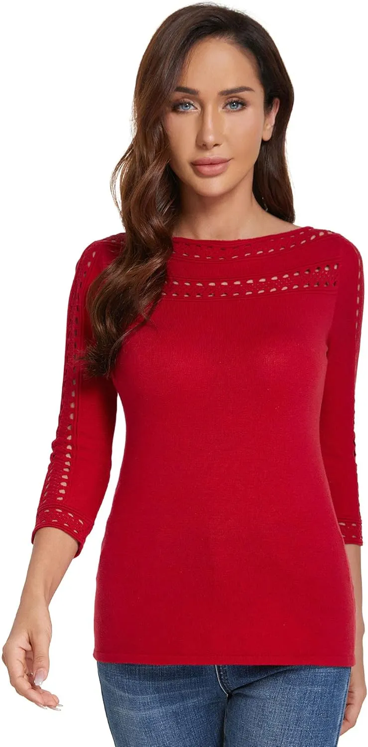 AmélieBoutik Women Boatneck Eyelet Trim 3/4 Sleeve Knit Top Sweater