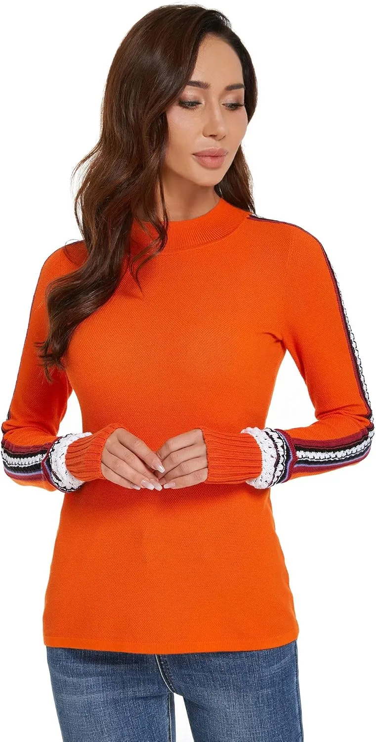 AmélieBoutik Women Mock Neck Fair Isle Trim Long Sleeve Pullover Knit Sweater