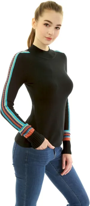 AmélieBoutik Women Mock Neck Fair Isle Trim Long Sleeve Pullover Knit Sweater