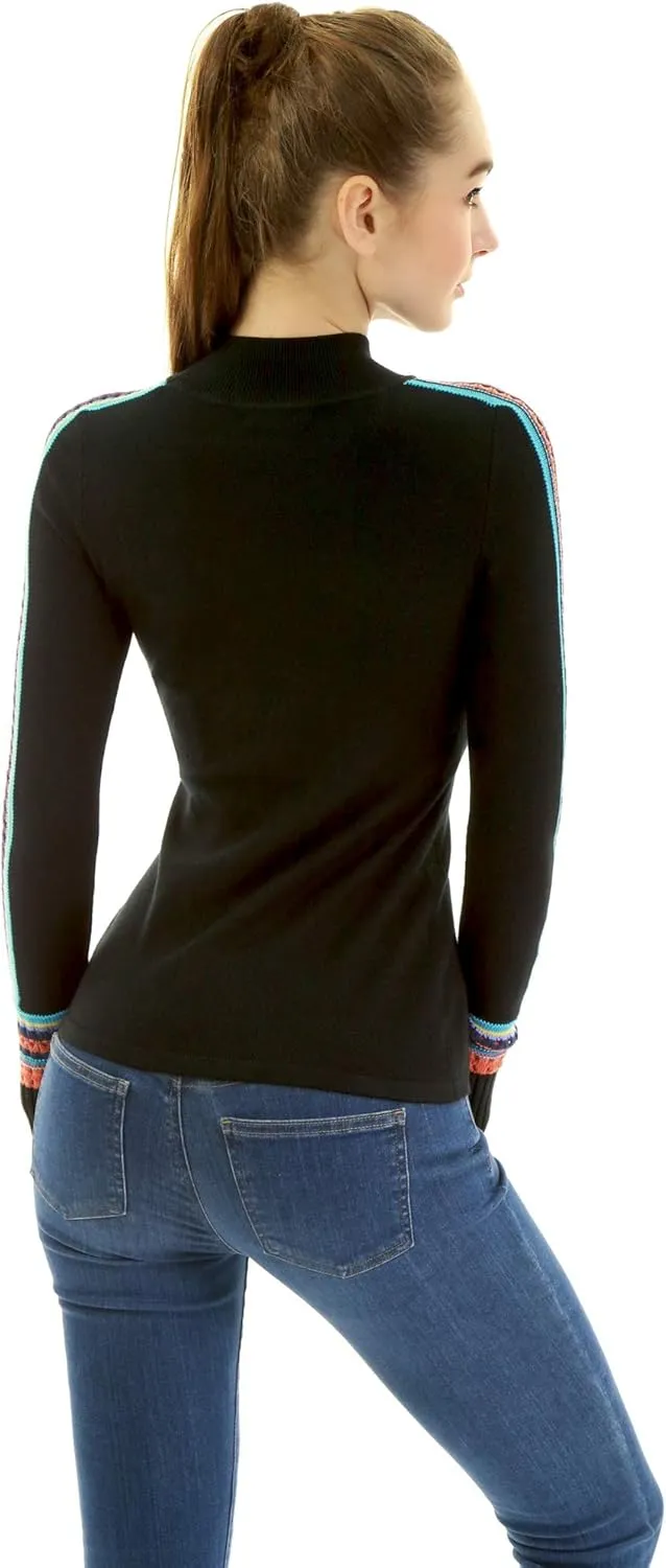 AmélieBoutik Women Mock Neck Fair Isle Trim Long Sleeve Pullover Knit Sweater