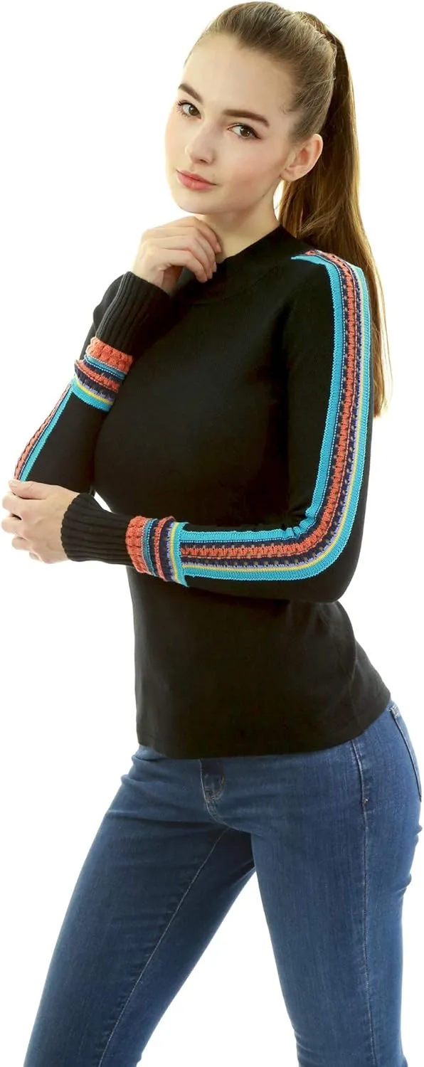 AmélieBoutik Women Mock Neck Fair Isle Trim Long Sleeve Pullover Knit Sweater