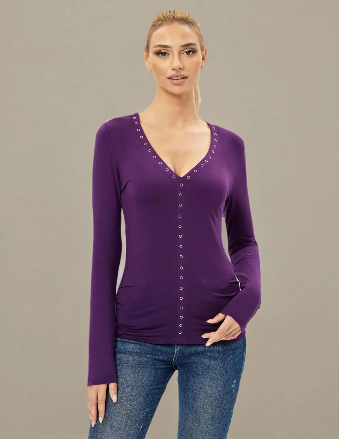 AmélieBoutik Women V Neck Eyelet Trim Long Sleeve Blouse Top