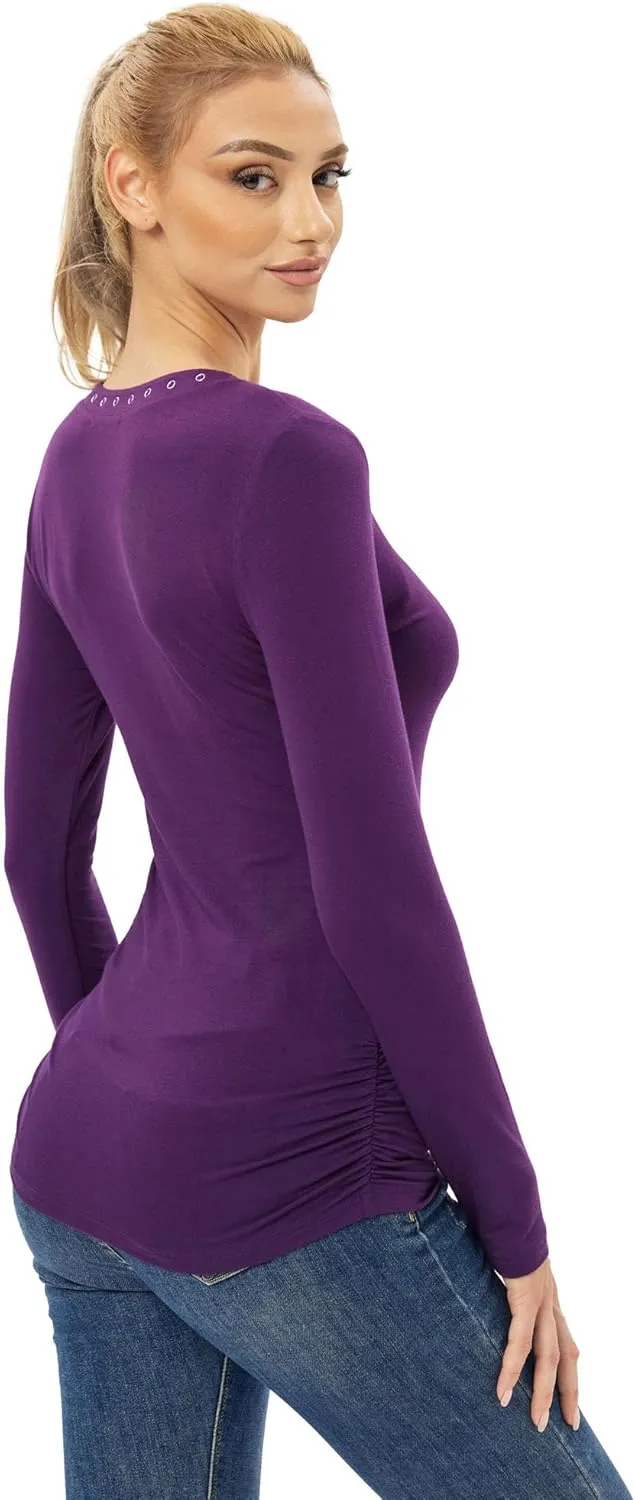 AmélieBoutik Women V Neck Eyelet Trim Long Sleeve Blouse Top