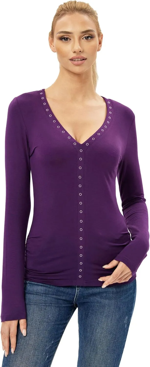 AmélieBoutik Women V Neck Eyelet Trim Long Sleeve Blouse Top
