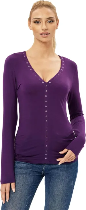 AmélieBoutik Women V Neck Eyelet Trim Long Sleeve Blouse Top