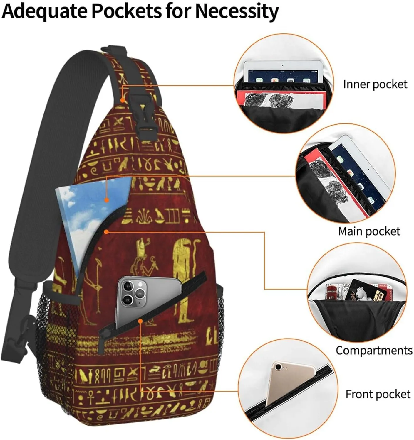 Ancient Egyptian Pyramids Vintage Cultural Symbols Men'S Crossbody Bag Travel Hiking Shoulder Backpack Chest Bag