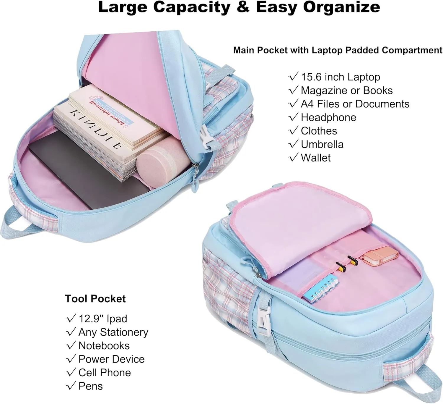 AO ALI VICTORY Laptop Backpacks 15.6 Inch Cute Kids School Bag College Backpack Large Bookbags for Women Teens Girls Student- Blue