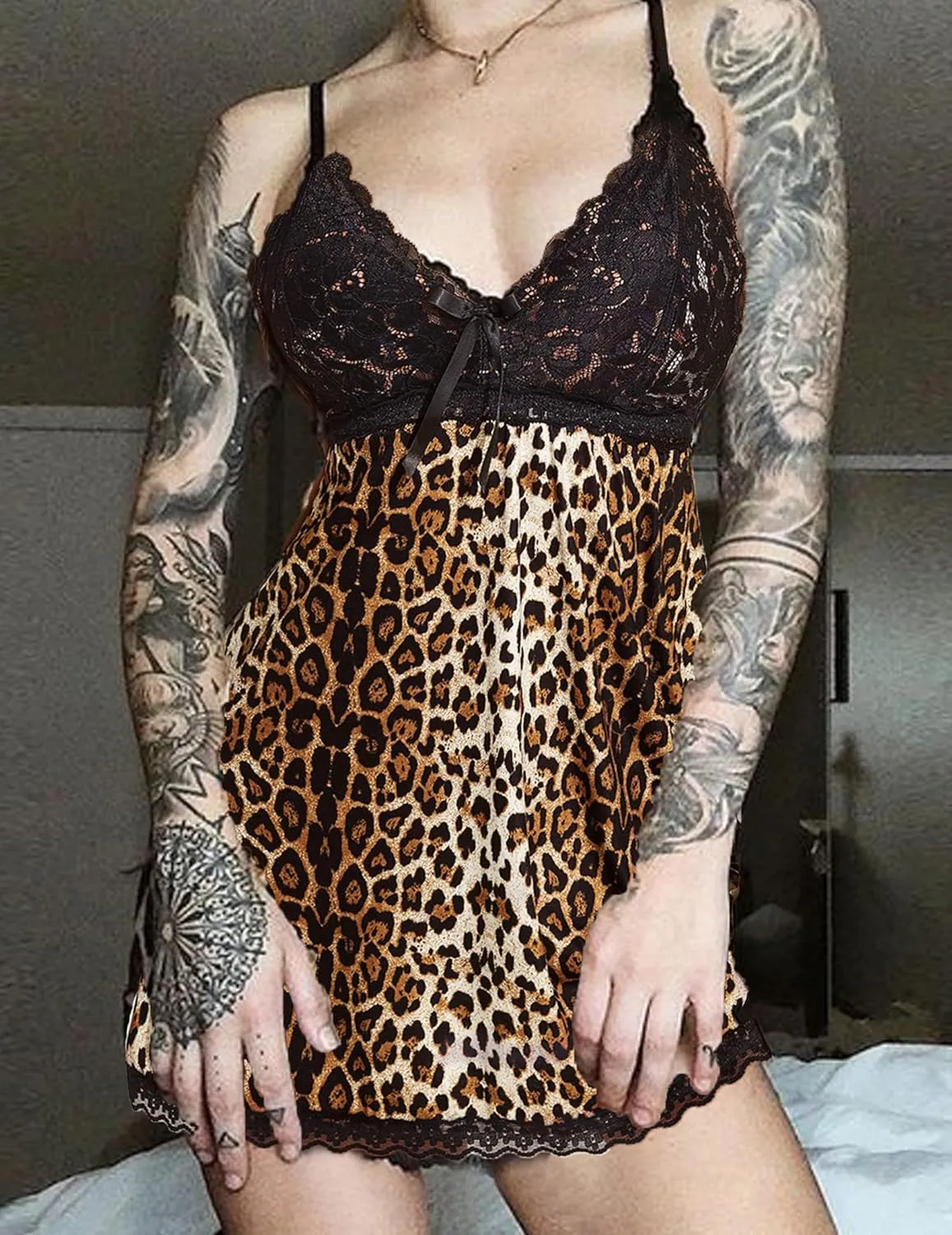 Avidlove Women Nightgown Sexy Sleepwear Lace Chemise V-neck Modal Babydoll Lounge Dress