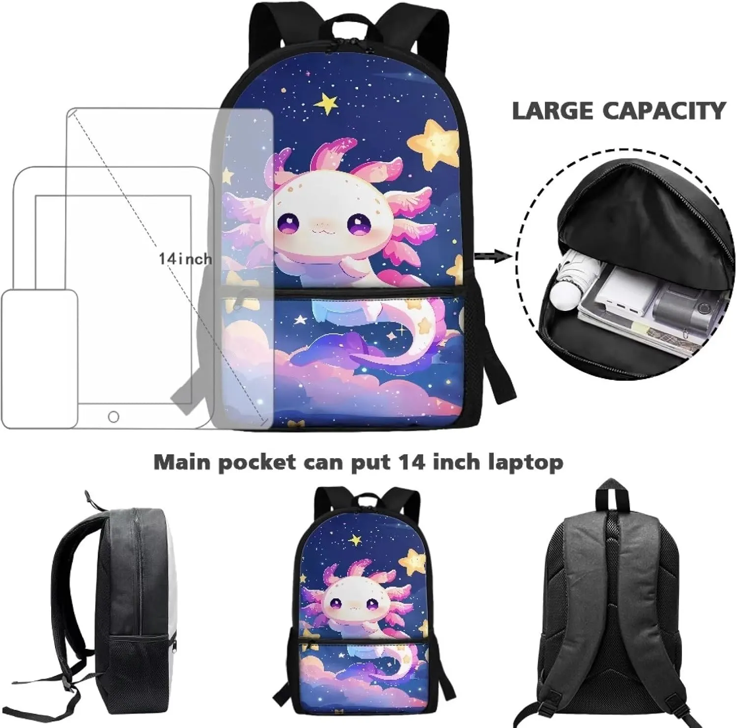 Axolotl School Backpack for Kindergarten Girls School Bag 6-8 Kids Cute Large Book Bags Student Hiking Camping Bookbag Daycare Bags for Preschool 17 inch Laptop Backpacks Travel Rucksack