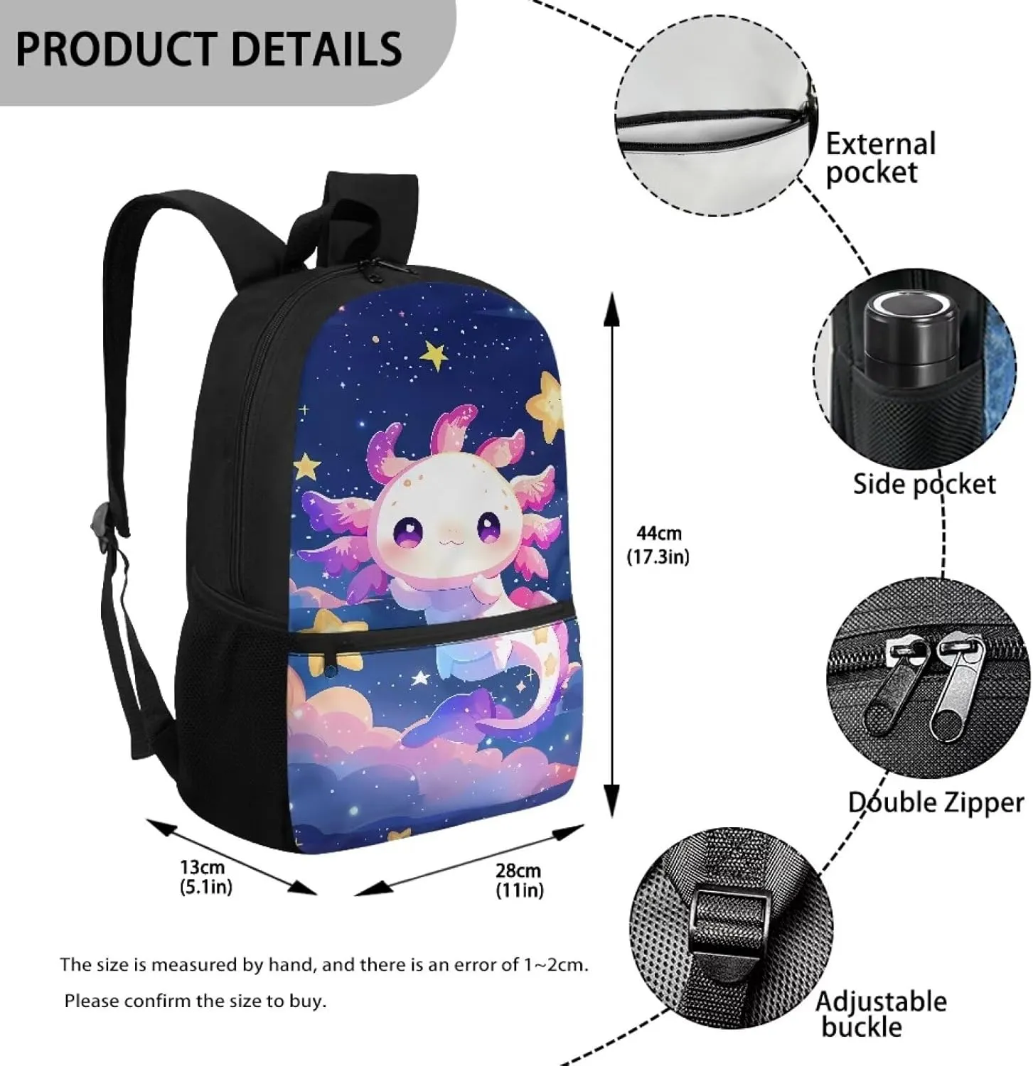Axolotl School Backpack for Kindergarten Girls School Bag 6-8 Kids Cute Large Book Bags Student Hiking Camping Bookbag Daycare Bags for Preschool 17 inch Laptop Backpacks Travel Rucksack