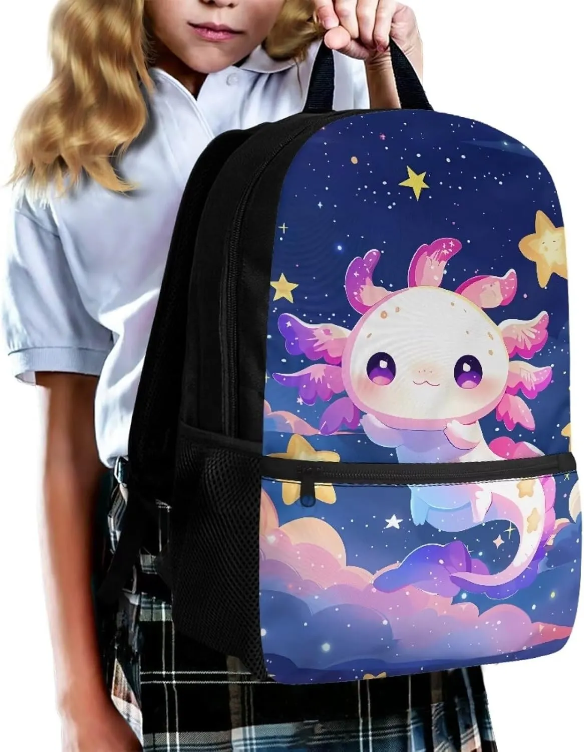 Axolotl School Backpack for Kindergarten Girls School Bag 6-8 Kids Cute Large Book Bags Student Hiking Camping Bookbag Daycare Bags for Preschool 17 inch Laptop Backpacks Travel Rucksack