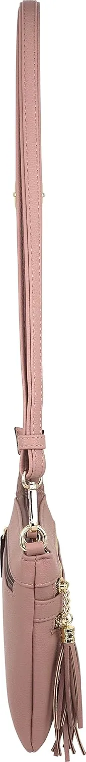 B BRENTANO Vegan Mini Multi-Zipper Crossbody Handbag Purse with Tassel Accents
