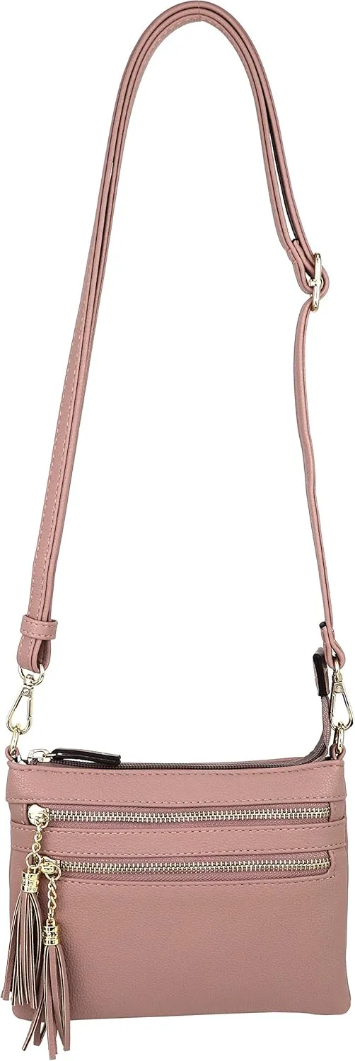 B BRENTANO Vegan Mini Multi-Zipper Crossbody Handbag Purse with Tassel Accents