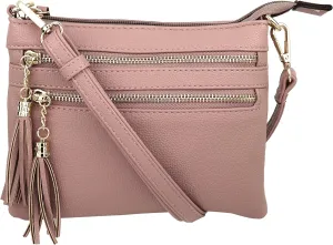 B BRENTANO Vegan Mini Multi-Zipper Crossbody Handbag Purse with Tassel Accents