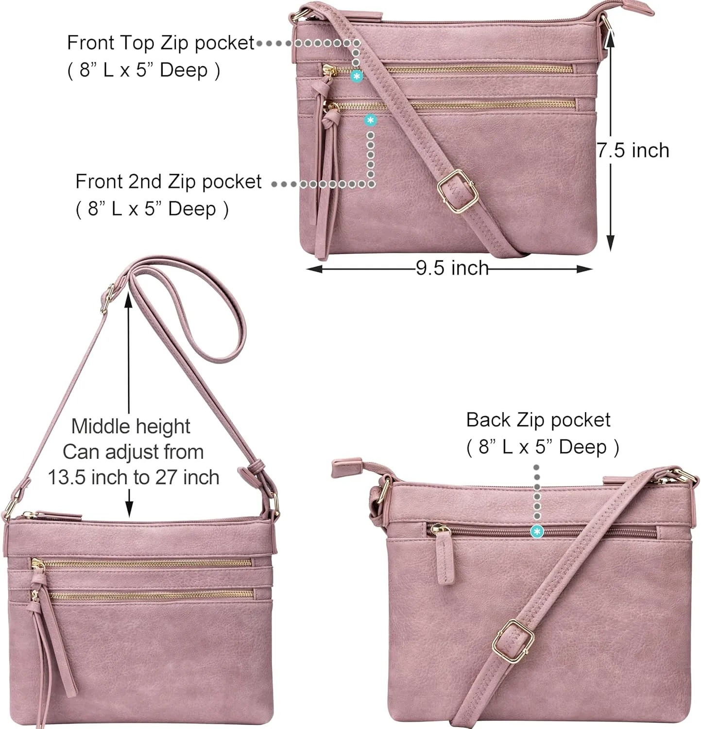 B BRENTANO Vegan Multi-Zipper Crossbody Handbag Purse with Tassel Accents