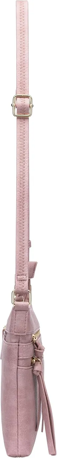 B BRENTANO Vegan Multi-Zipper Crossbody Handbag Purse with Tassel Accents