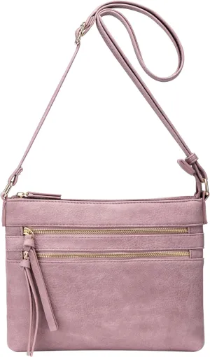 B BRENTANO Vegan Multi-Zipper Crossbody Handbag Purse with Tassel Accents