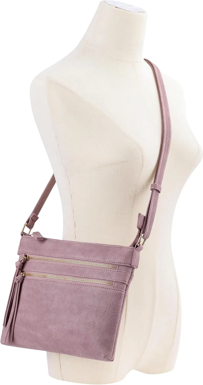 B BRENTANO Vegan Multi-Zipper Crossbody Handbag Purse with Tassel Accents